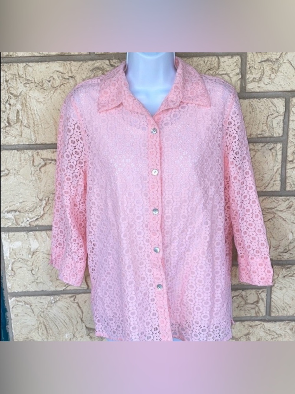 Alfred Dunner Pink Lace long sleeve Top button Casual